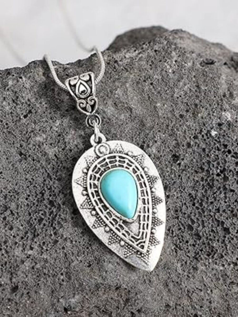 New Natural Turquoise Necklace Boho Bead Silver Teardrop Statement Pendant - Picture 4 of 4